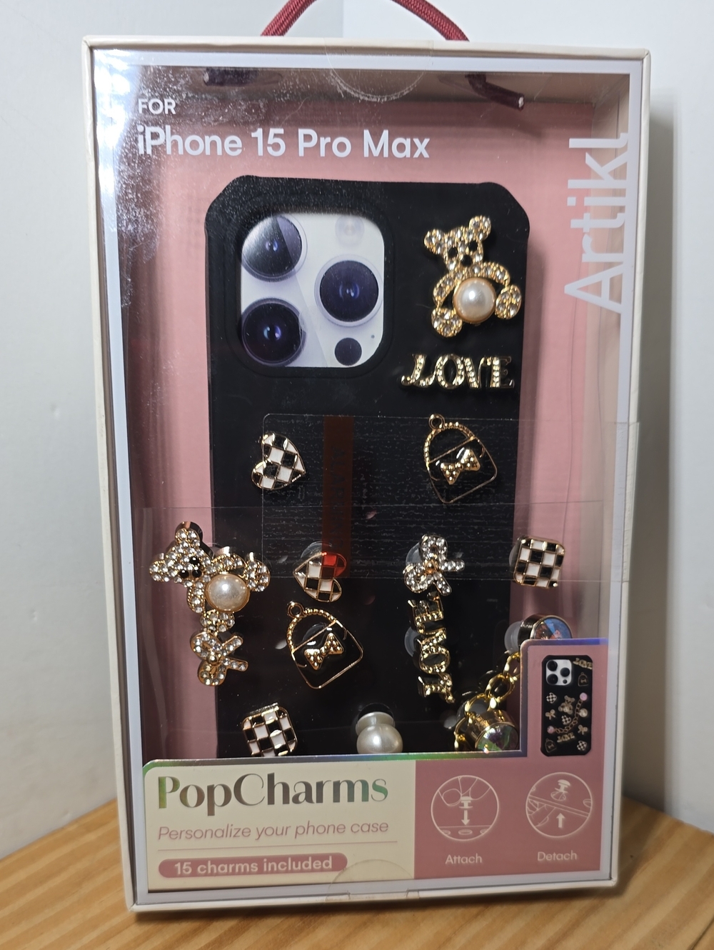 Decorative Phone Case for iPhone 15 Pro Max — Black with Gold Charms
